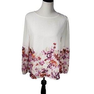 APT9 Women's size Large White Floral Long Sleeve Lightweight Pullover Blouse